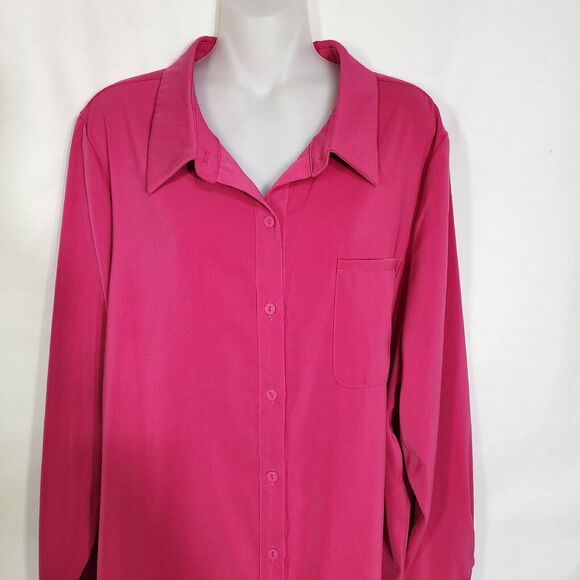 Susan Graver Womens Shirt Size 14 Stretch Peachskin Button Front Big Pink Hi Low - Picture 3 of 9